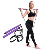 Woman using Pilates Stick Squat Training Bar with Bands for versatile home workouts, targeting multiple muscle groups.