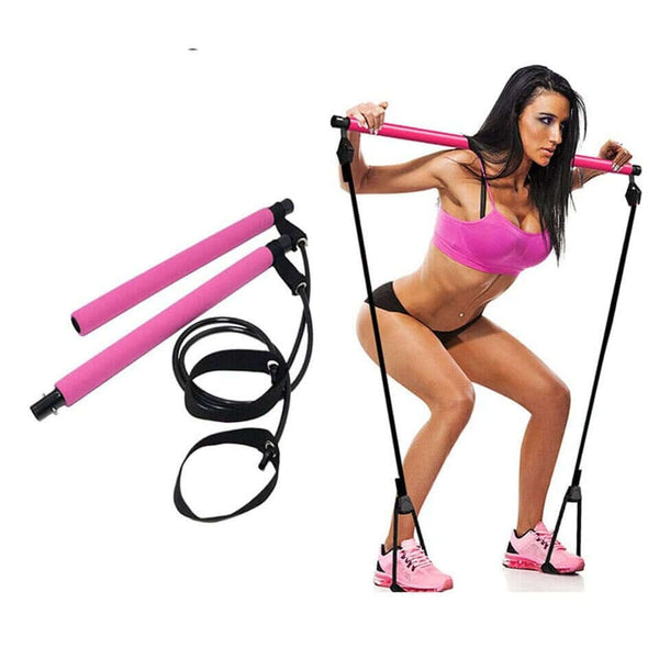 Woman demonstrating the Pilates Stick Squat Training Bar with Bands for effective home workouts.