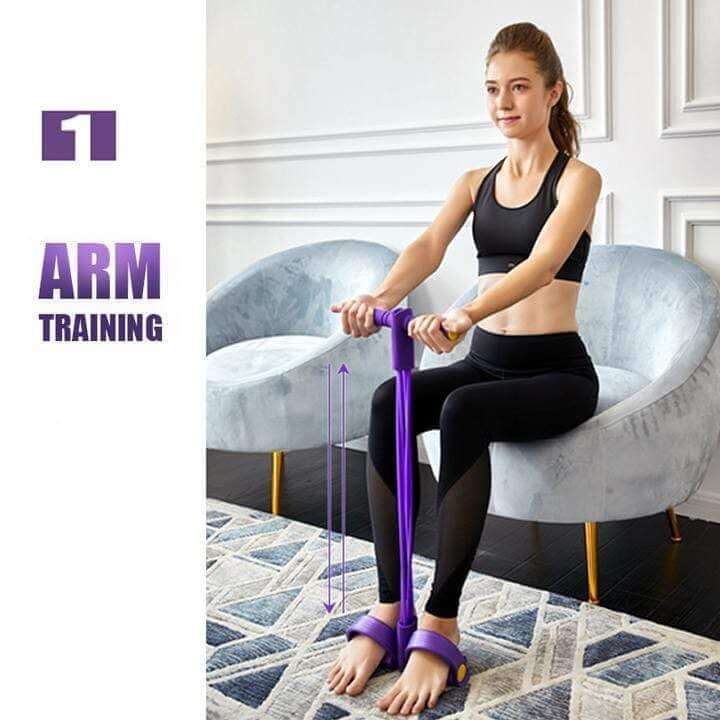 Woman using a purple Elastic Pull Rope Resistance Band for arm training at home, promoting effective workouts.