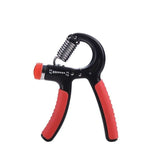 Adjustable resistance hand grip strength trainer with red handles, suitable for strengthening hand and forearm muscles.