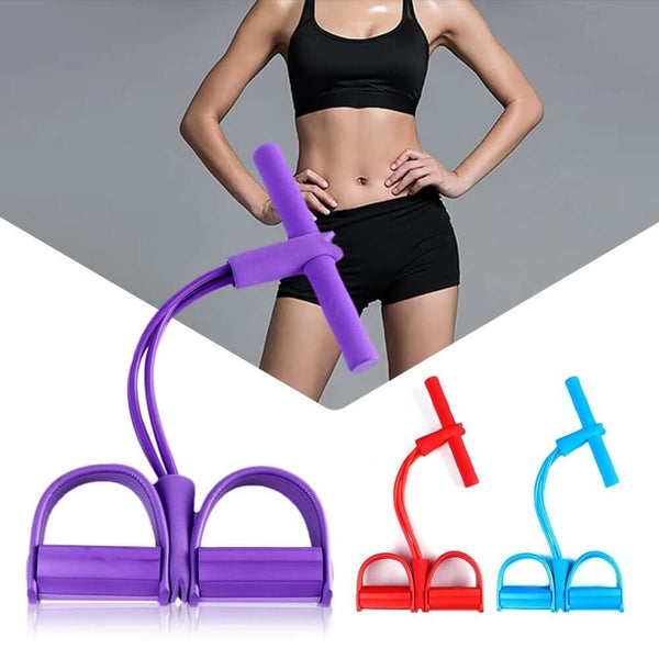 Elastic pull rope resistance bands in purple, red, and blue for home workouts and fitness training.