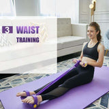 Woman performing waist training with Elastic Pull Rope Resistance Band on a yoga mat at home.