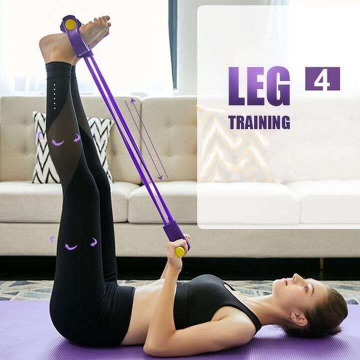 Woman using Elastic Pull Rope Resistance Band for leg training at home, demonstrating effective exercise technique.