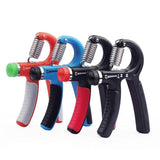 Adjustable resistance hand grip strength trainer in various colors for muscle strength and rehabilitation.