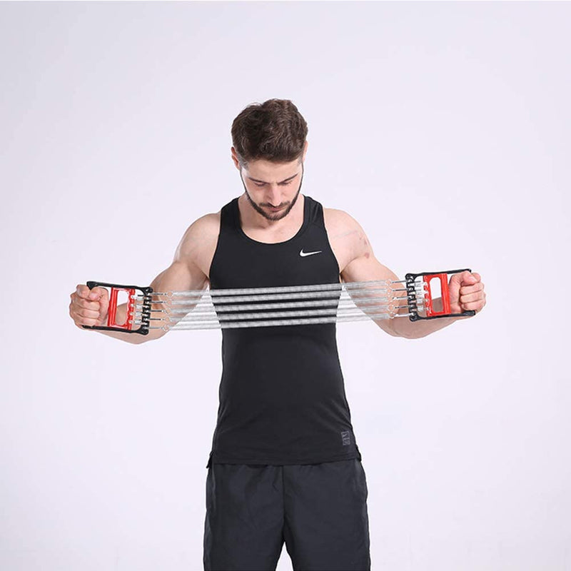 Man using adjustable chest expander resistance band for home workouts and fitness exercises.