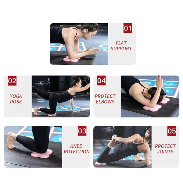 Yoga knee protective pads showcasing flat support, yoga poses, elbow protection, knee rotation, and joint protection.