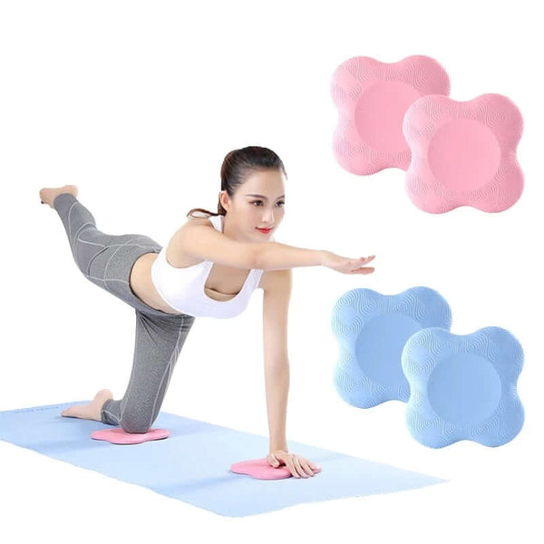 Woman practicing yoga with colorful knee protective pads for joint support and stability, enhancing comfort during workouts.