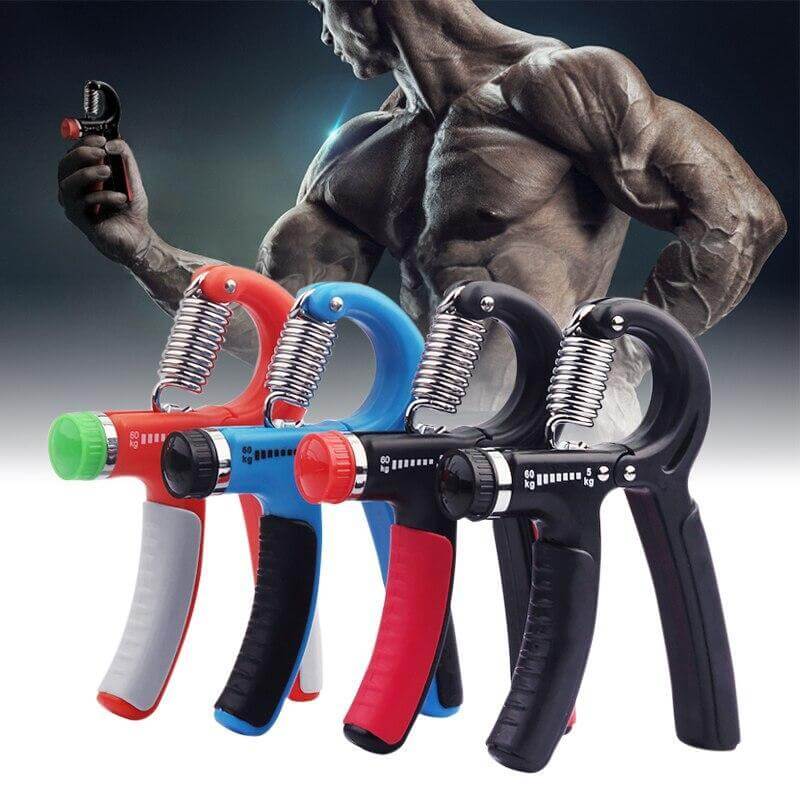 Adjustable resistance hand grip strength trainer in four colors for hand muscle development and rehabilitation.