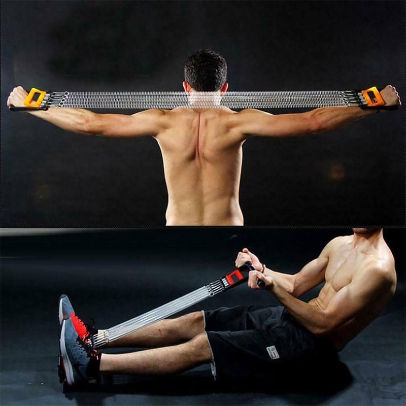 Man using an adjustable chest expander resistance band for strength training at home.