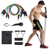 Man using a 11 Pcs resistance band set for an effective full-body workout at home.