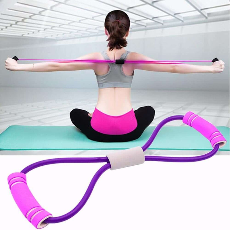 Woman using yoga elastic rubber rope for strength training at home, perfect for glutes, arms and legs.