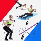 Woman using Pilates Stick Squat Training Bar with Bands for full-body workouts at home or gym.