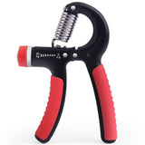 Adjustable resistance hand grip strength trainer with black and red design for hand muscle development and rehab.